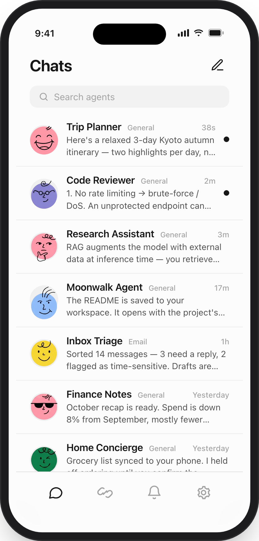 Moonwalk chat screen showing a list of personal AI agents