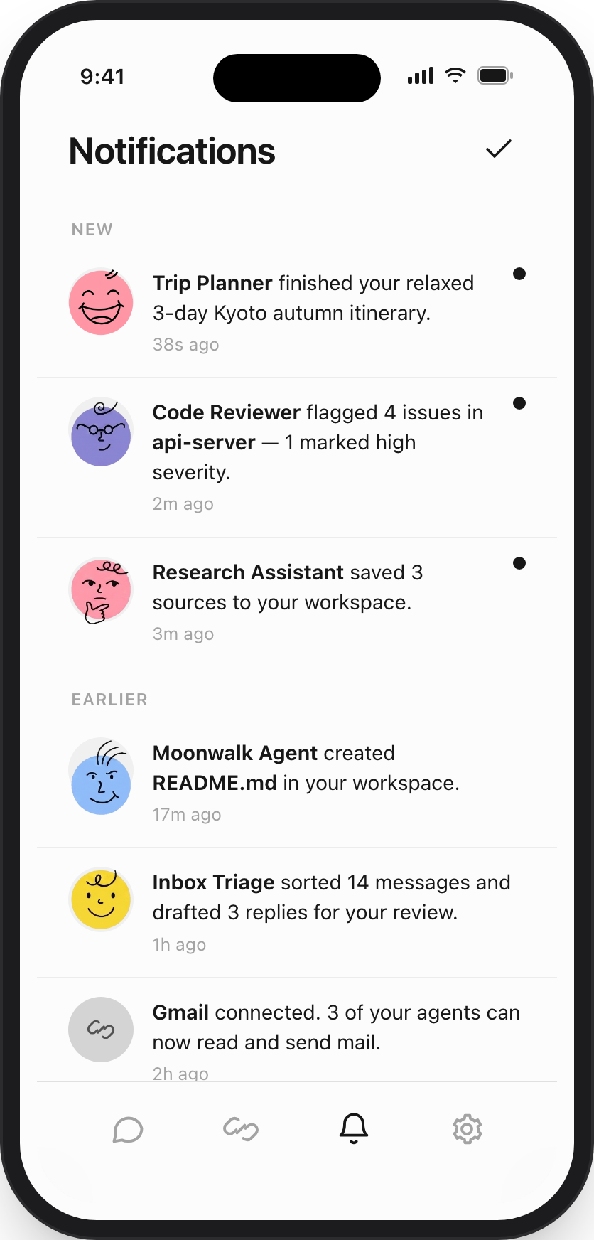Moonwalk notifications screen showing recent agent activity