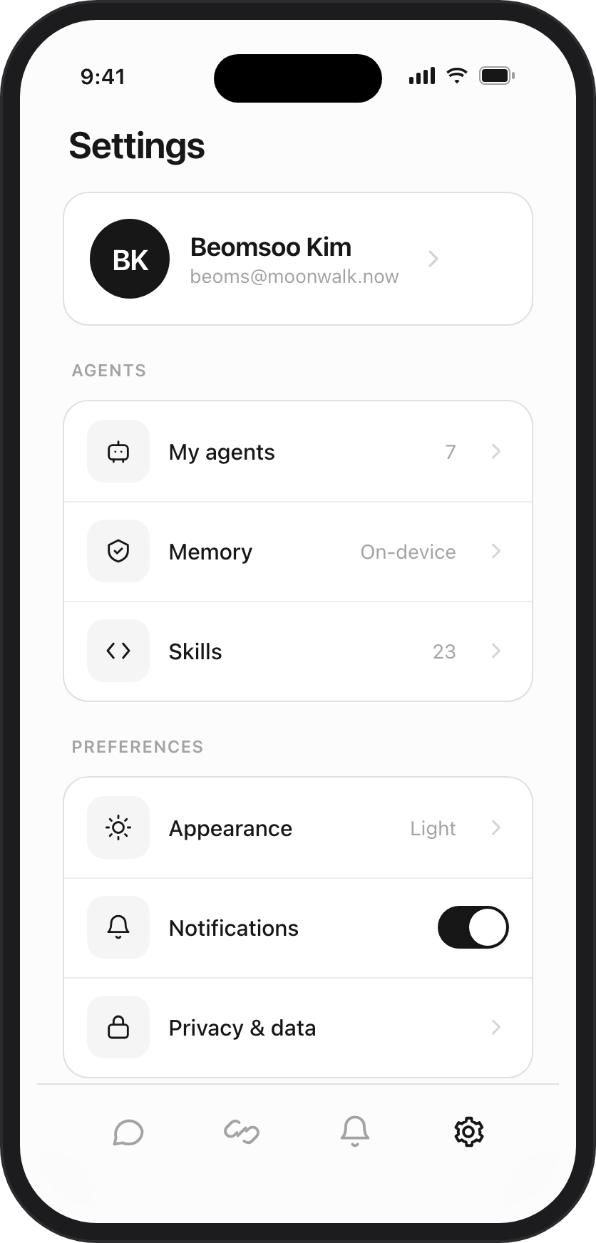 Moonwalk settings screen showing account, agents, and infrastructure